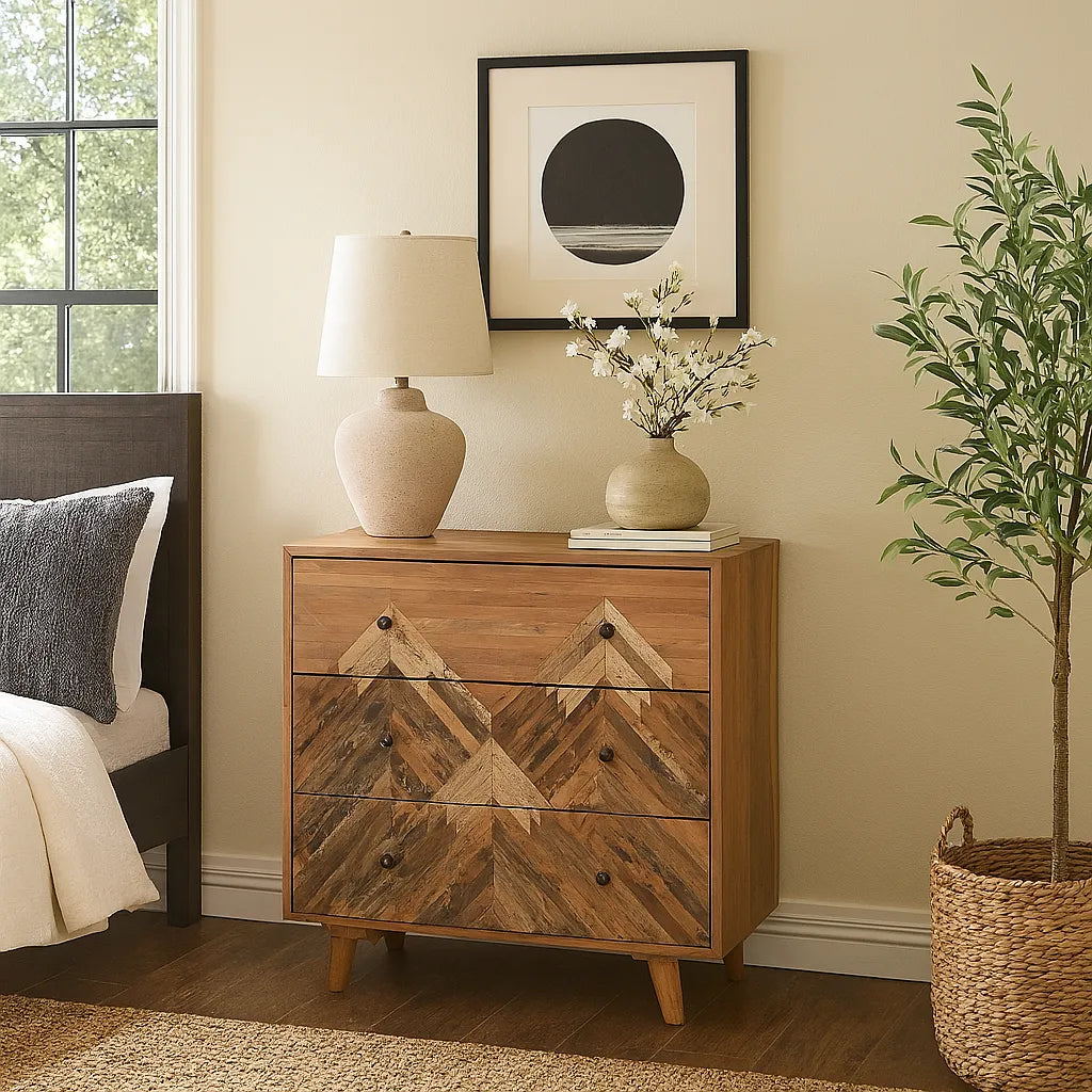 Acacia Wood Chest of Drawers with Handcrafted Mountain Pattern