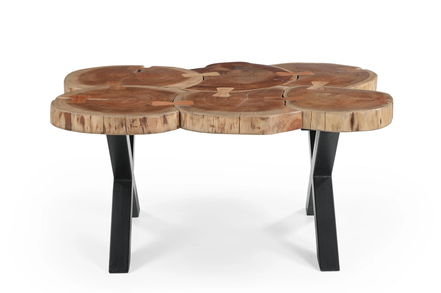 Live Edge Coffee Table with Solid Wood Top & Iron Cross Legs