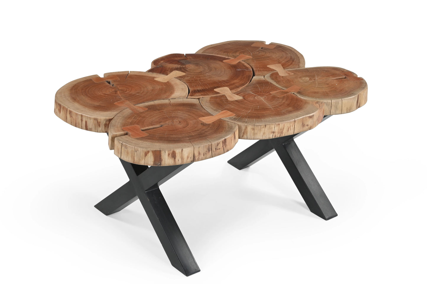 Live Edge Coffee Table with Solid Wood Top & Iron Cross Legs