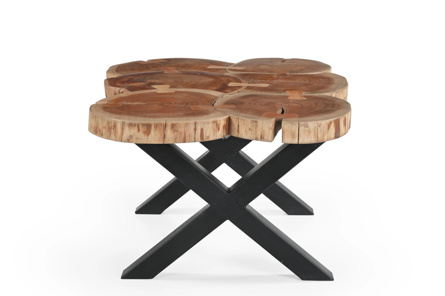 Live Edge Coffee Table with Solid Wood Top & Iron Cross Legs