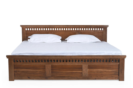 King Size Bed in Solid Sheesham Wood with Honey Finish & Cut-Out Headboard - Furniza
