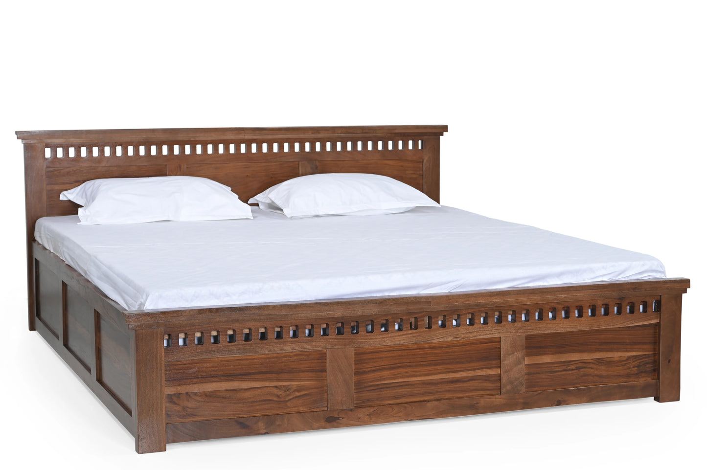 King Size Bed in Solid Sheesham Wood with Honey Finish & Cut-Out Headboard