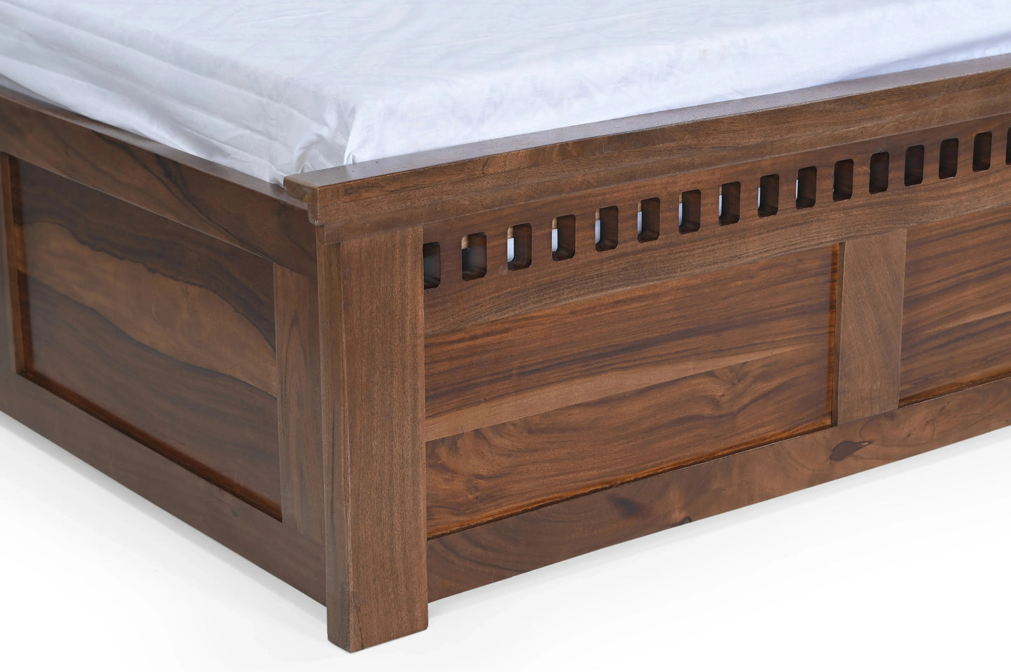 King Size Bed in Solid Sheesham Wood with Honey Finish & Cut-Out Headboard - Furniza