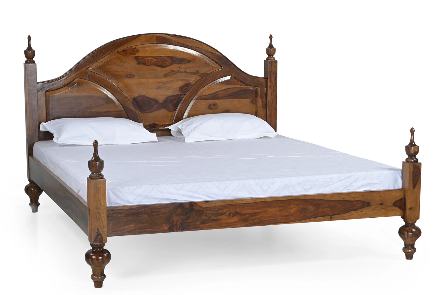 Traditional Sheesham Wood King Size Bed with Curved Headboard & Honey Finish – Heritage Style Elegance