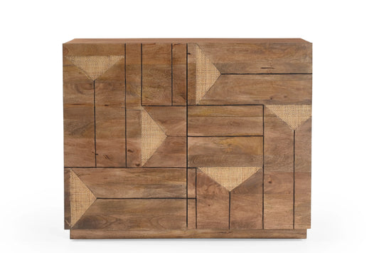 Solid Wood 2-Door Cabinet with Geometric Rattan – Natural Finish - Furniza