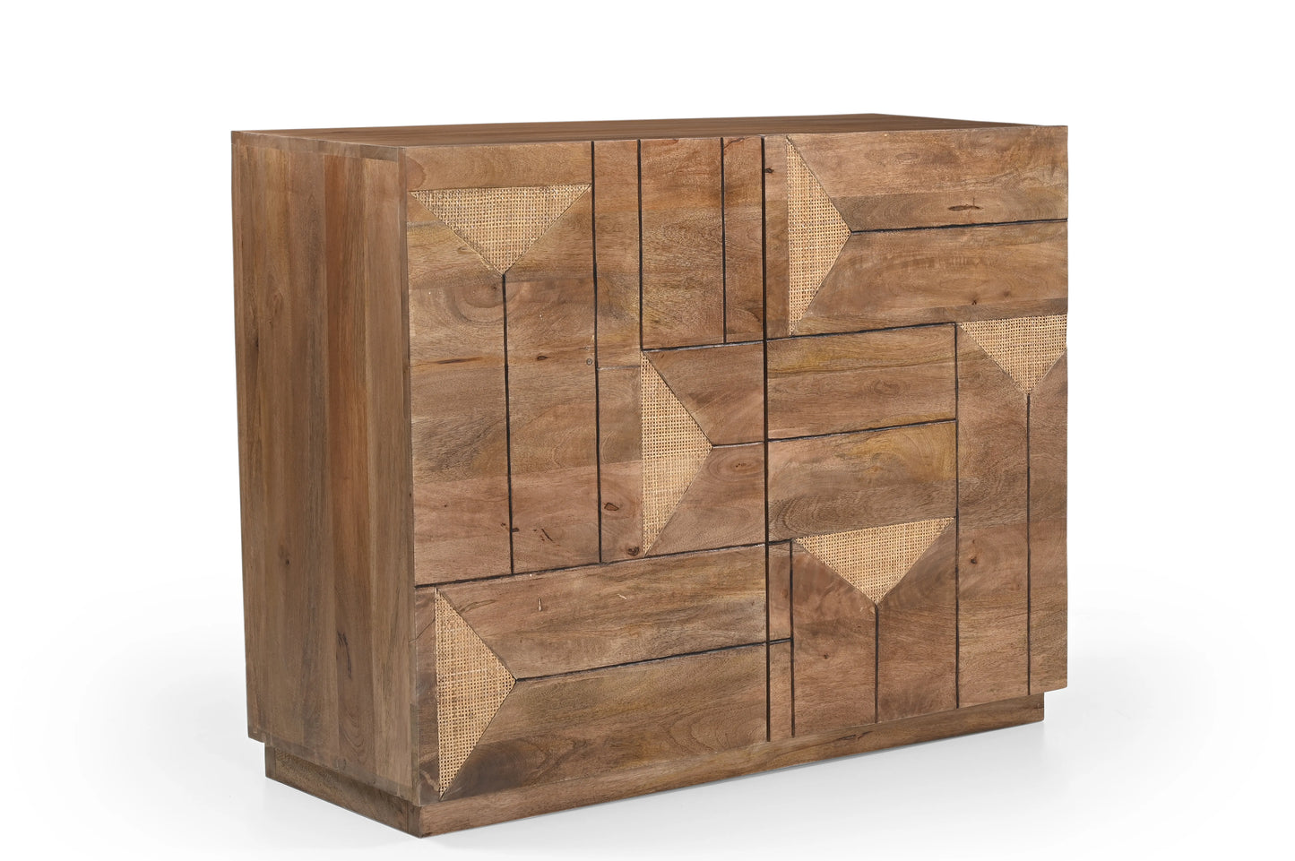 Solid Wood 2-Door Cabinet with Geometric Rattan – Natural Finish