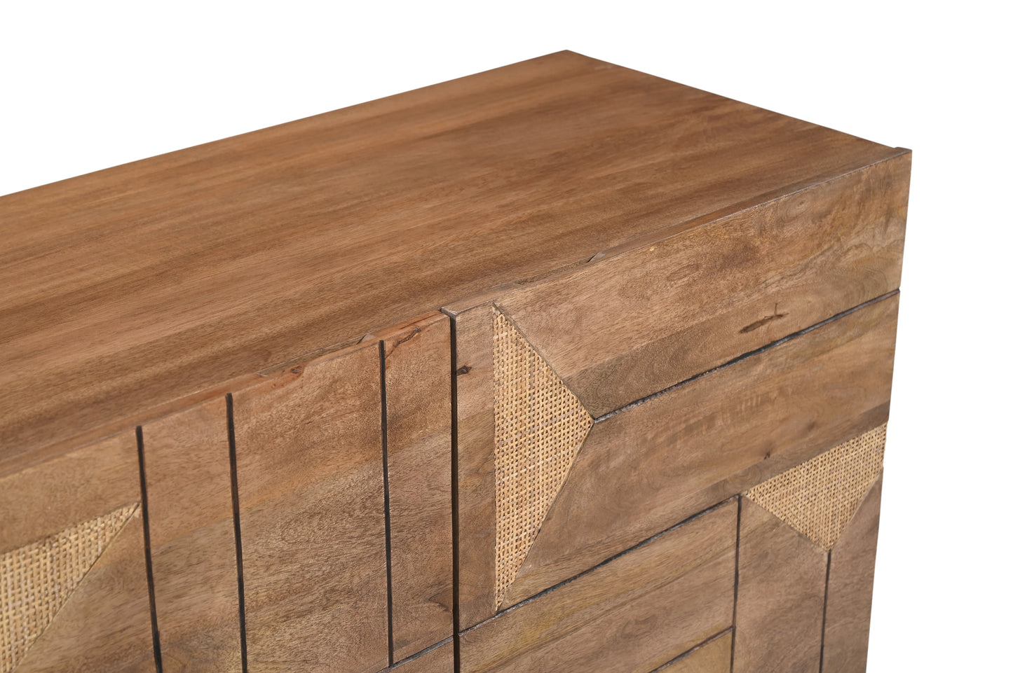 Solid Wood 2-Door Cabinet with Geometric Rattan – Natural Finish
