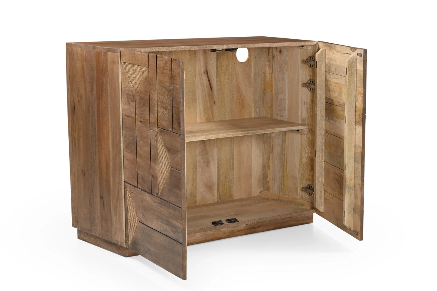 Solid Wood 2-Door Cabinet with Geometric Rattan – Natural Finish