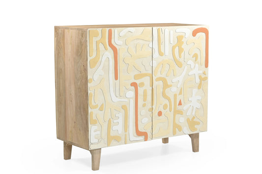 Hand-Carved & Hand-Painted 2-Door Wooden Cabinet – Artistic Boho Storage - Furniza