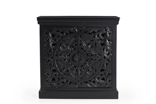 Charcoal Black Hand-Carved 2-Door Cabinet – Premium Wooden Storage - Furniza
