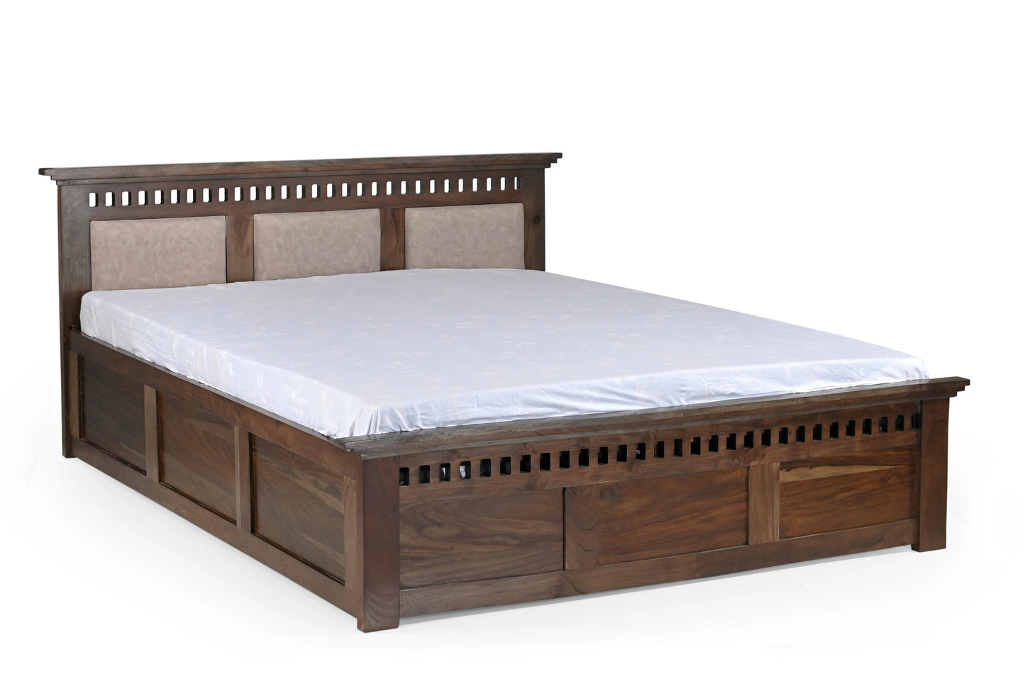 Solid Sheesham Wood King Size Bed with Honey Finish & Upholstered Headboard – Contemporary Classic Design