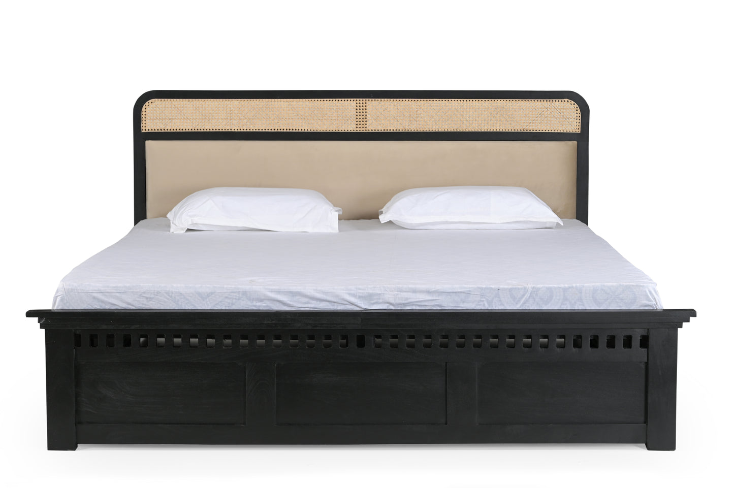 Modern King Size Bed in Black Finish with Rattan Cane & Upholstered Headboard – Sheesham Wood Frame