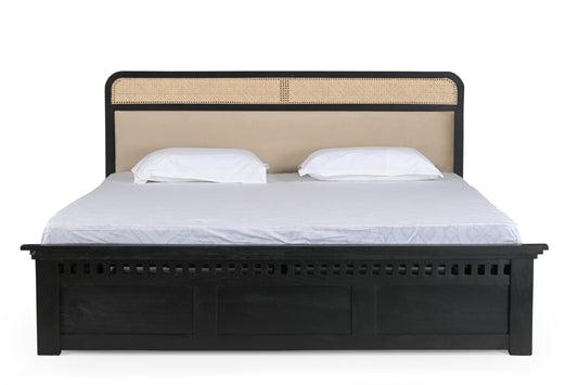 Modern King Size Bed in Black Finish with Rattan Cane & Upholstered Headboard – Sheesham Wood Frame - Furniza