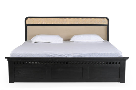 Modern King Size Bed in Black Finish with Rattan Cane & Upholstered Headboard – Sheesham Wood Frame Furniza-web