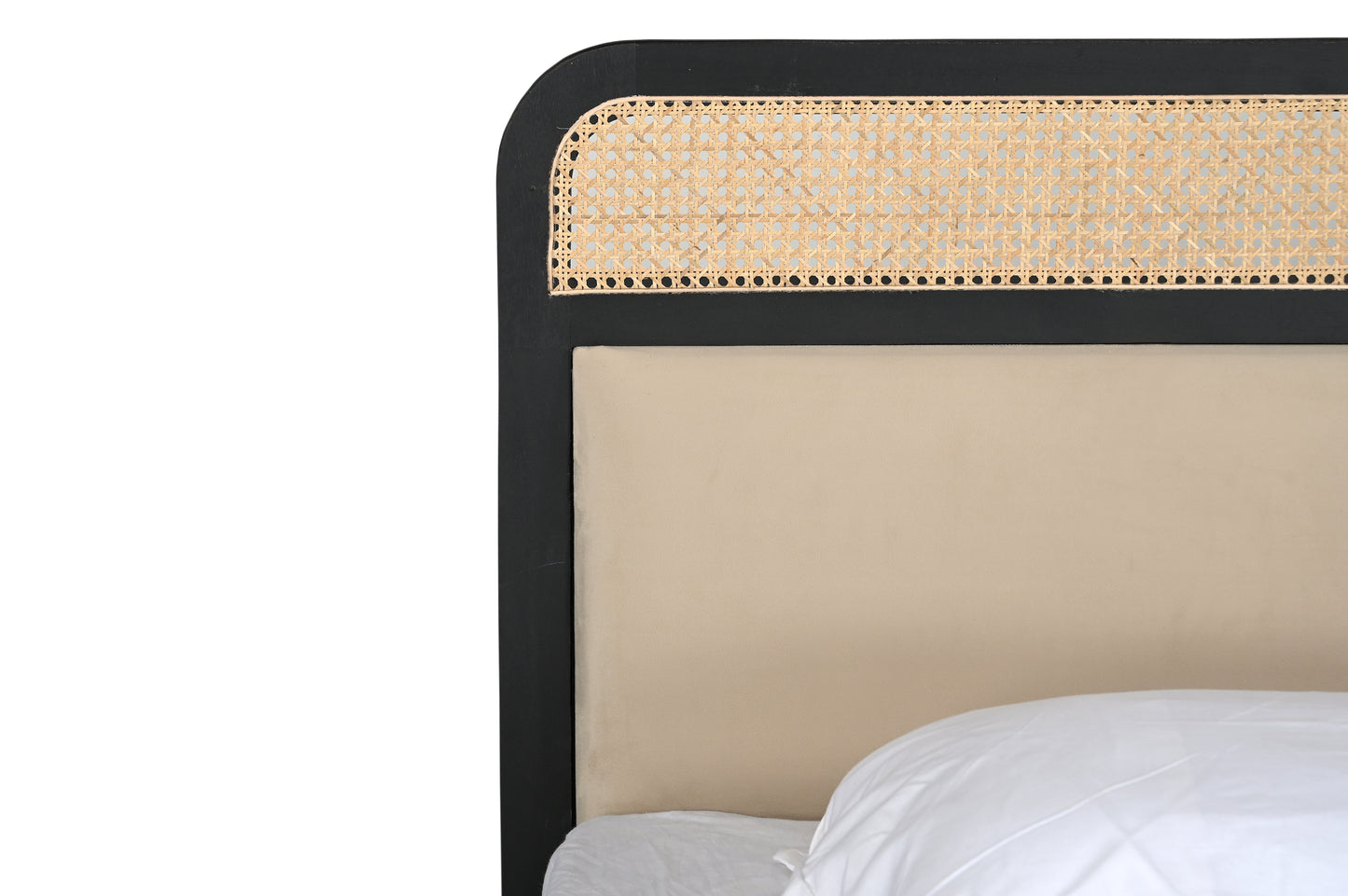 Modern King Size Bed in Black Finish with Rattan Cane & Upholstered Headboard – Sheesham Wood Frame