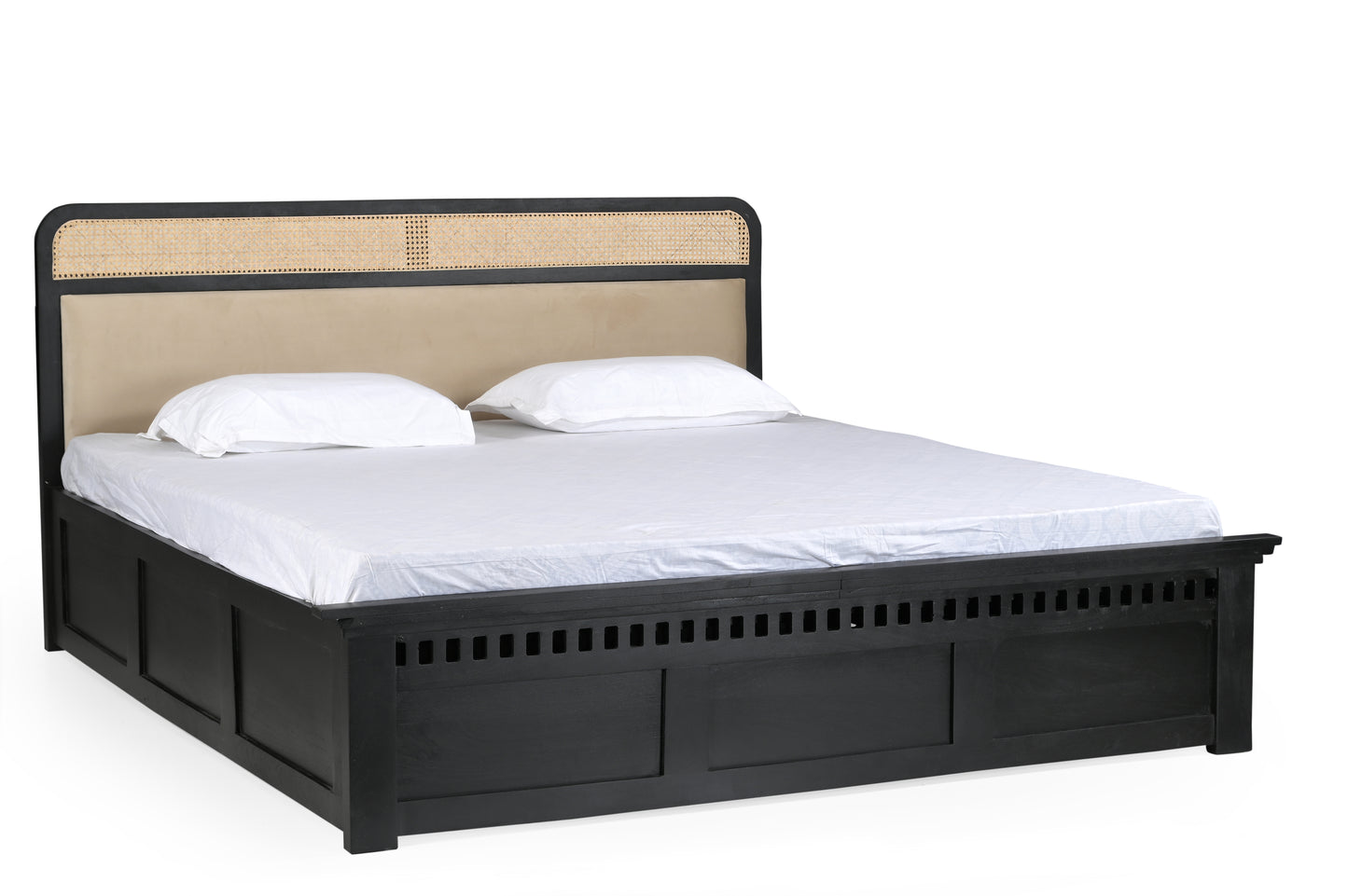 Modern King Size Bed in Black Finish with Rattan Cane & Upholstered Headboard – Sheesham Wood Frame