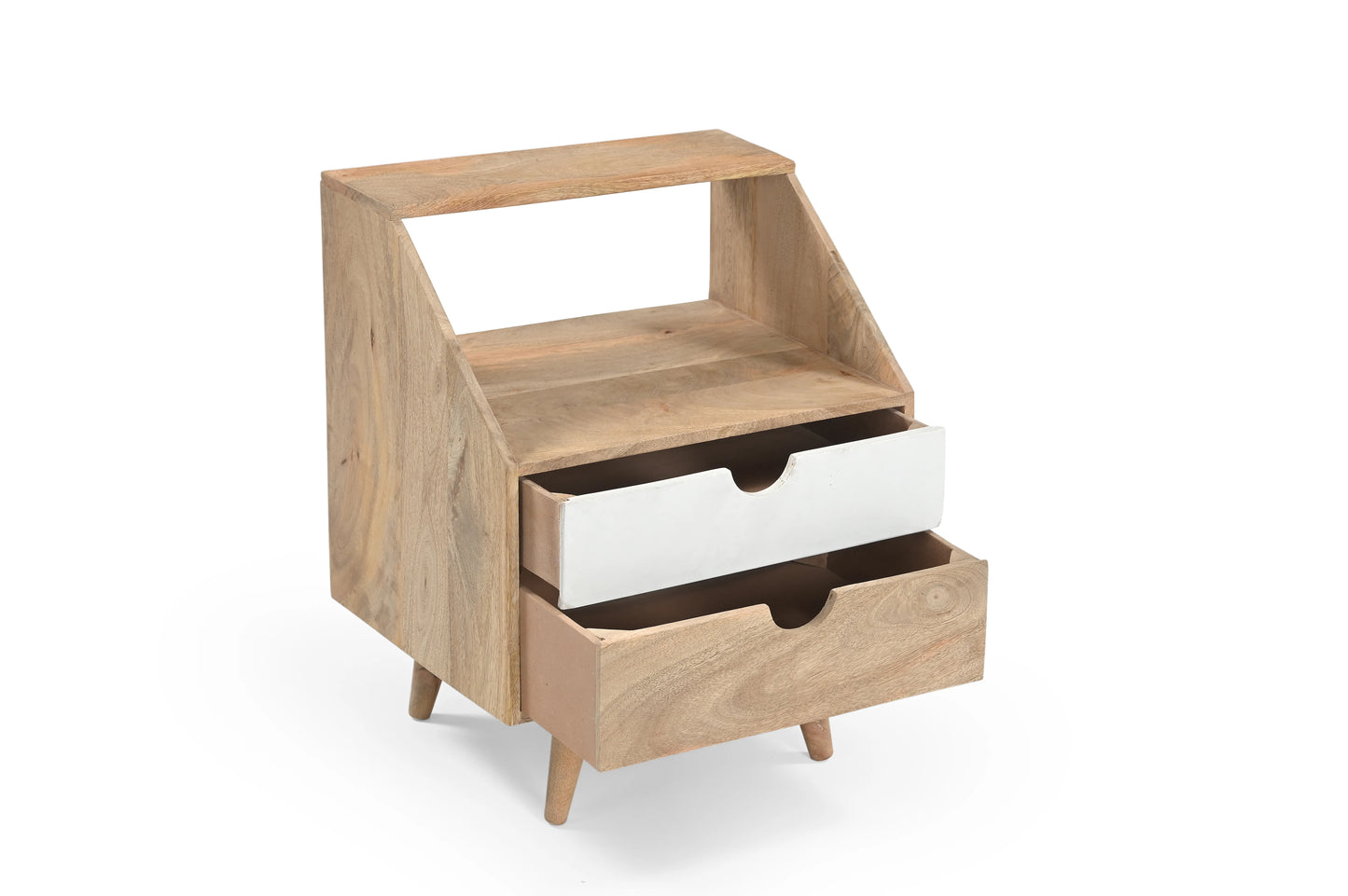 Mid-Century Natural Wood Bedside Table with White Drawer – 2 Drawer Nightstand
