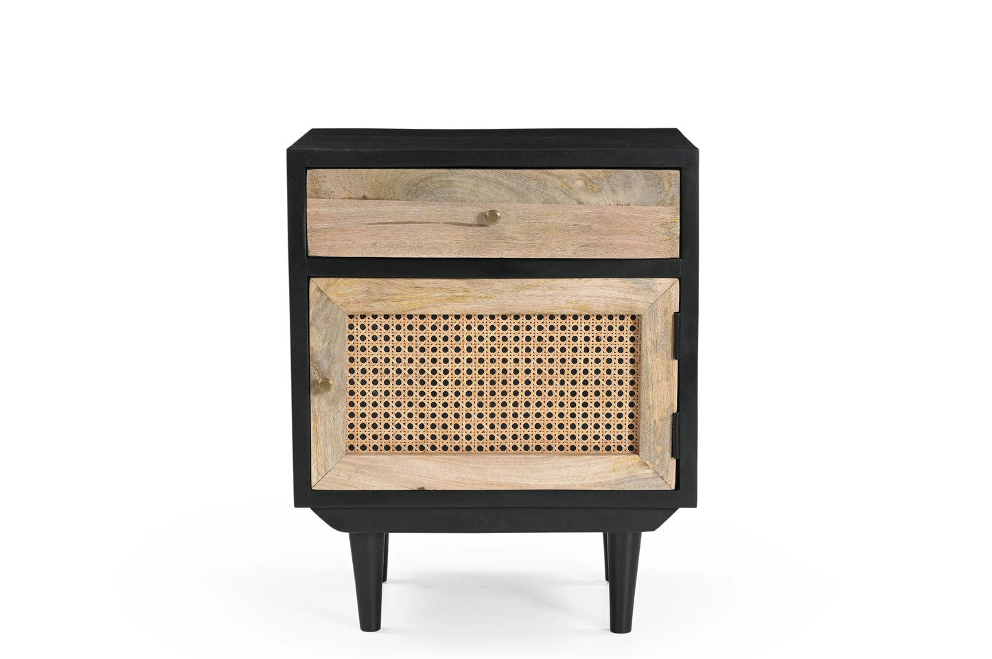 Black Rattan Bedside Table – 1 Drawer 1 Door Nightstand