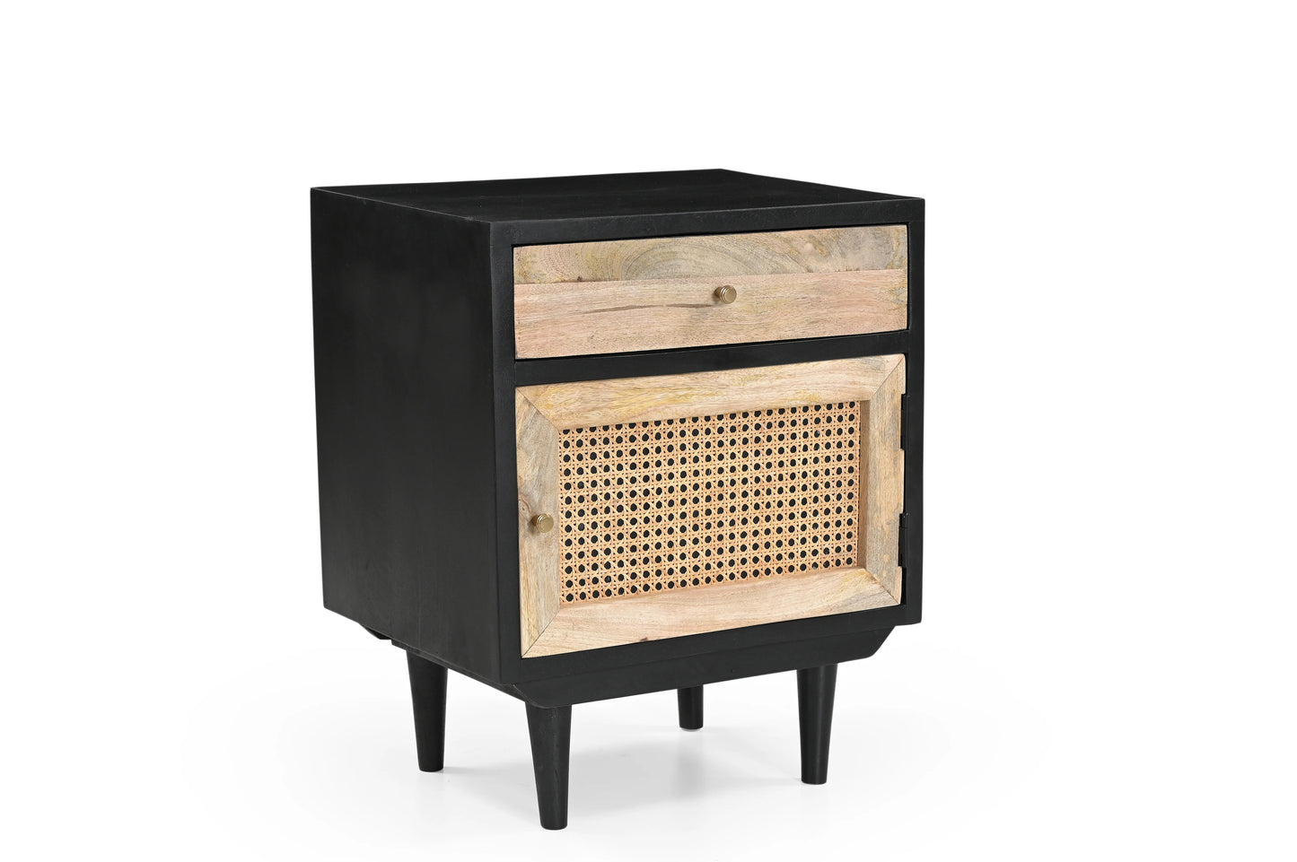 Black Rattan Bedside Table – 1 Drawer 1 Door Nightstand