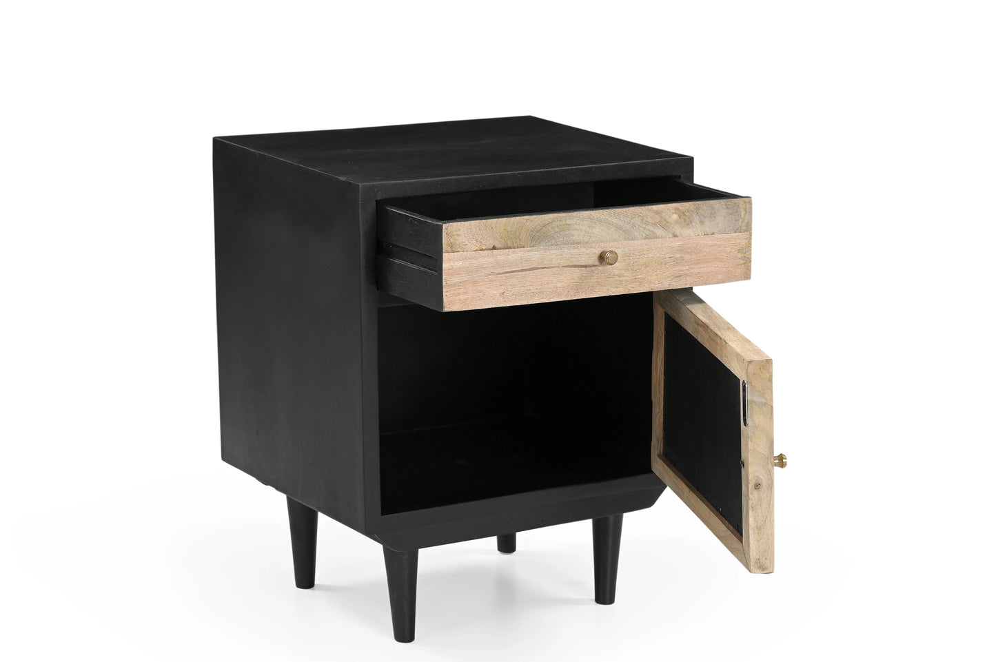 Black Rattan Bedside Table – 1 Drawer 1 Door Nightstand