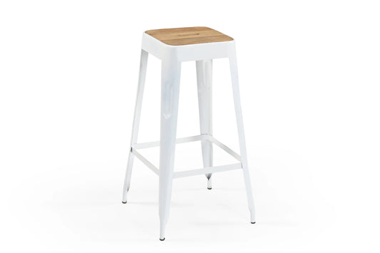 Industrial White Metal Bar Stool with Natural Wood Seat – Furniza Kitchen Counter Stool - Furniza