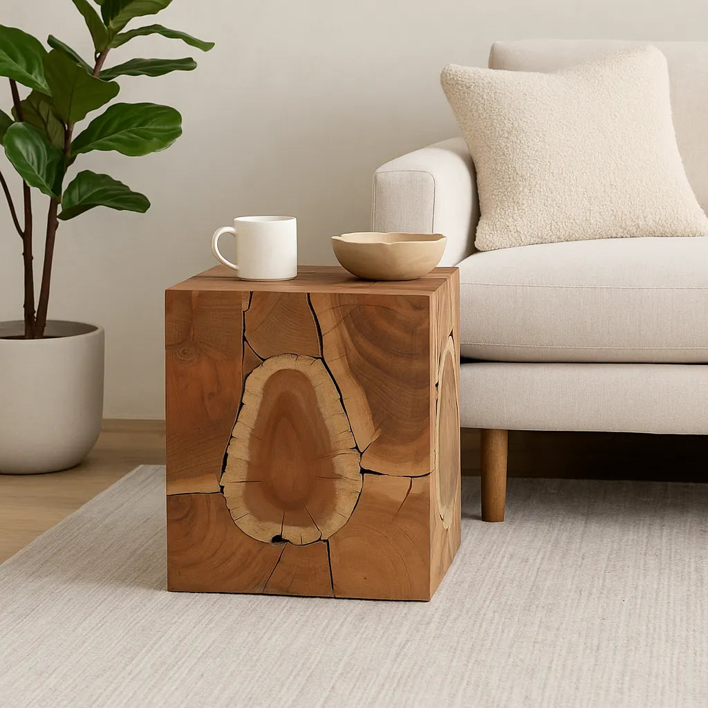 Live Edge Solid Wood Cube Side Table – Natural Finish Accent