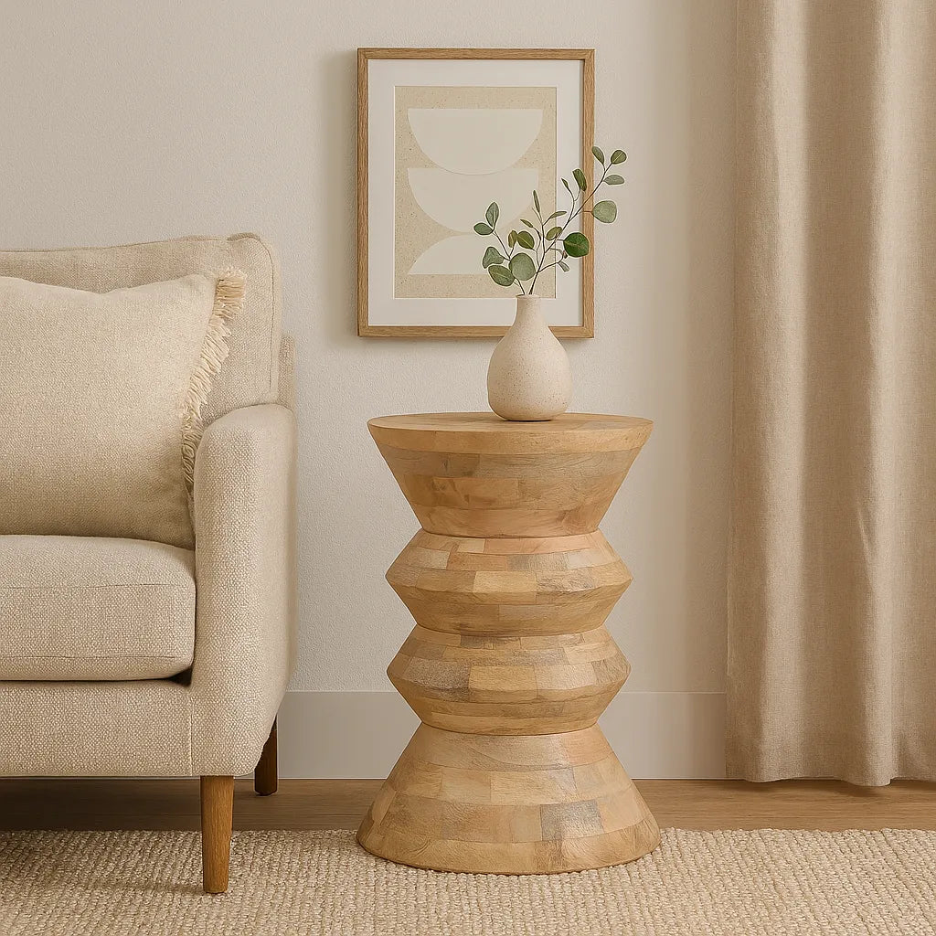 Natural Finish Sculpted Wooden Side Table – Contemporary Accent Table
