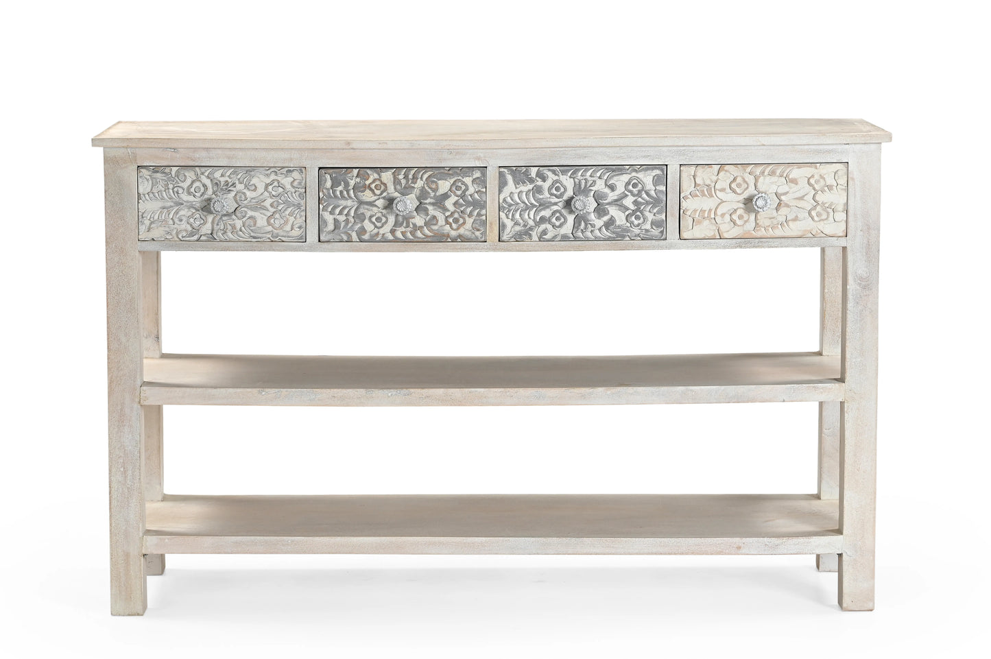 Handcrafted Whitewash 4-Drawer Wooden Console Table – Elegant Carved Design