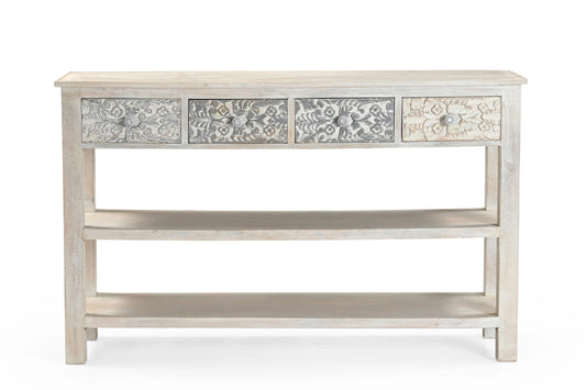 Handcrafted Whitewash 4-Drawer Wooden Console Table – Elegant Carved Design - Furniza