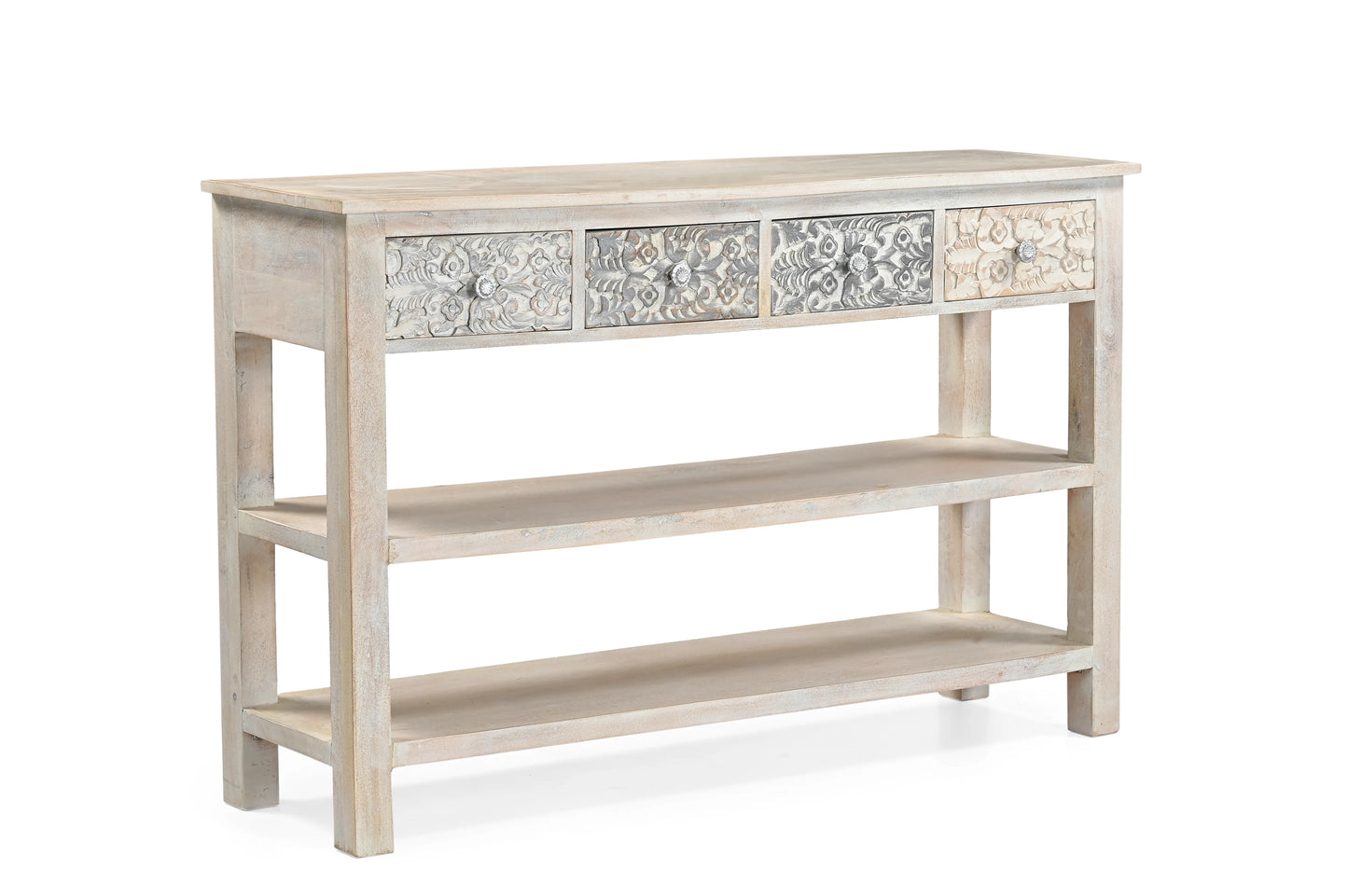 Handcrafted Whitewash 4-Drawer Wooden Console Table – Elegant Carved Design