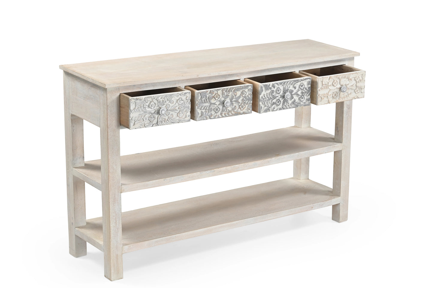 Handcrafted Whitewash 4-Drawer Wooden Console Table – Elegant Carved Design