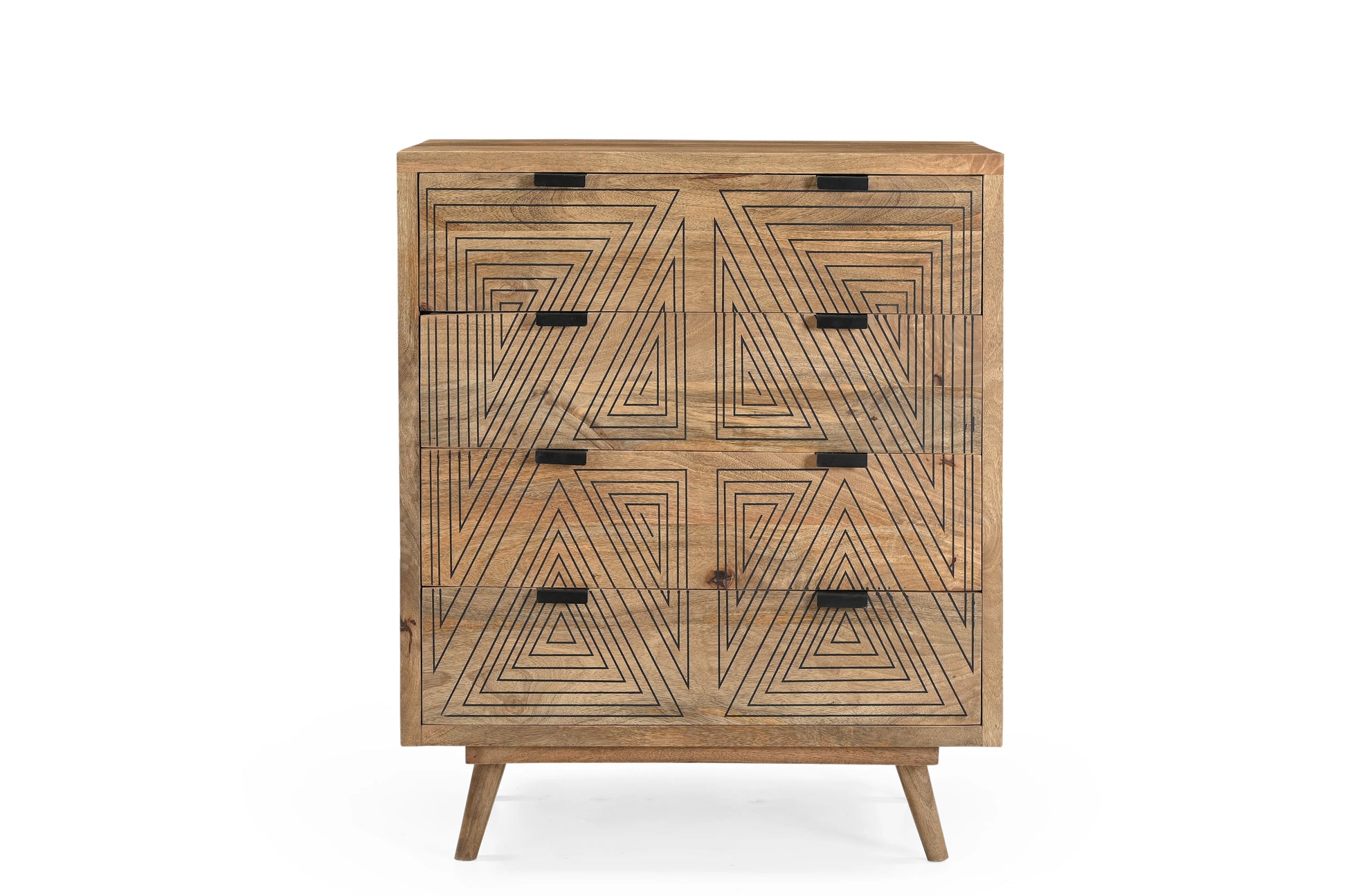 Natural Wood 4-Drawer Chest with Geometric Print – Modern Storage - Furniza