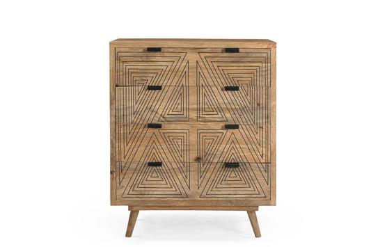 Natural Wood 4-Drawer Chest with Geometric Print – Modern Storage - Furniza