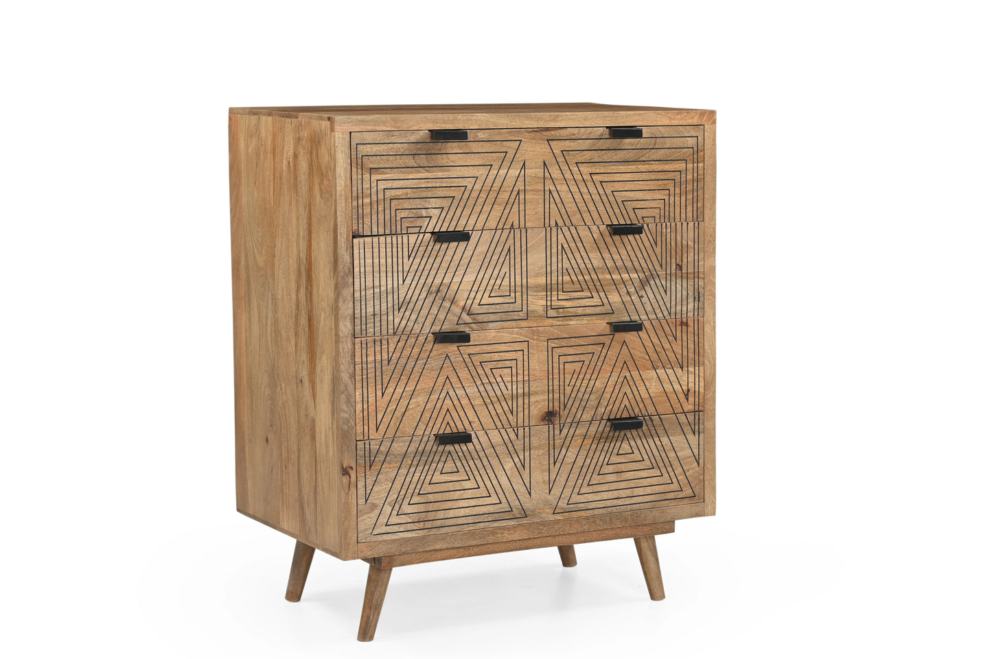 Natural Wood 4-Drawer Chest with Geometric Print – Modern Storage