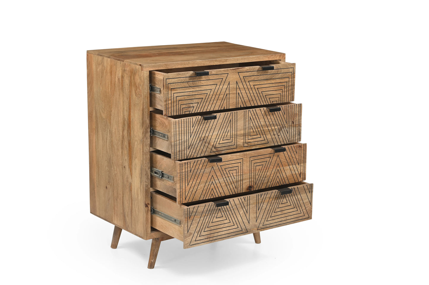 Natural Wood 4-Drawer Chest with Geometric Print – Modern Storage