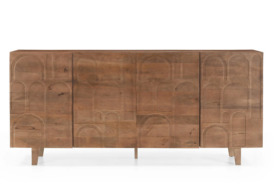 Solid Mango Wood 4-Door Sideboard with Carved Arch Design FURNIZA