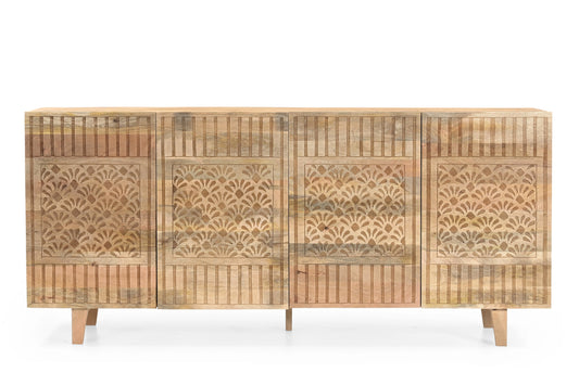 Hand-Carved Solid Mango Wood 4 Door Sideboard Cabinet FURNIZA