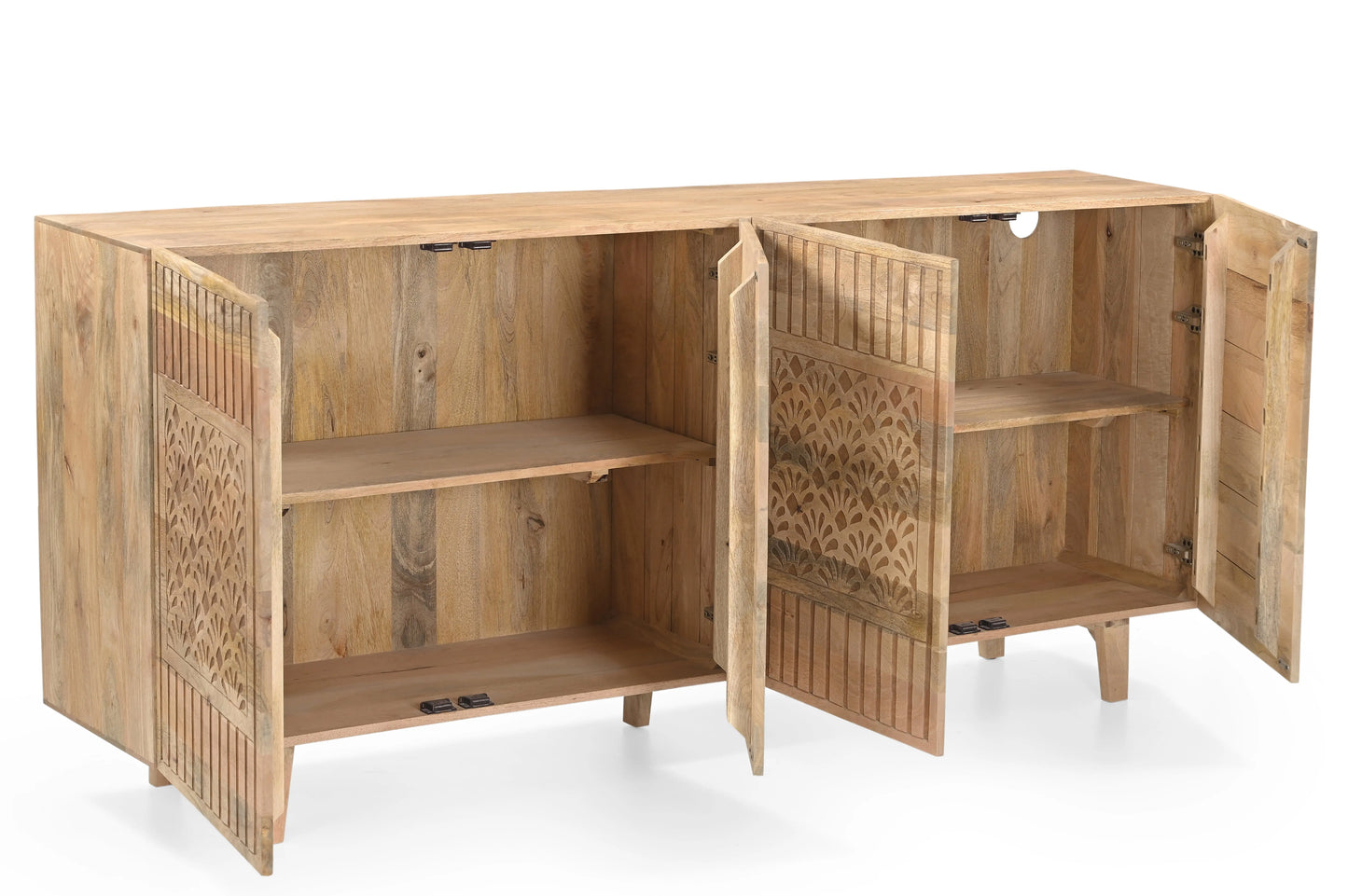 Hand-Carved Solid Mango Wood 4 Door Sideboard Cabinet FURNIZA