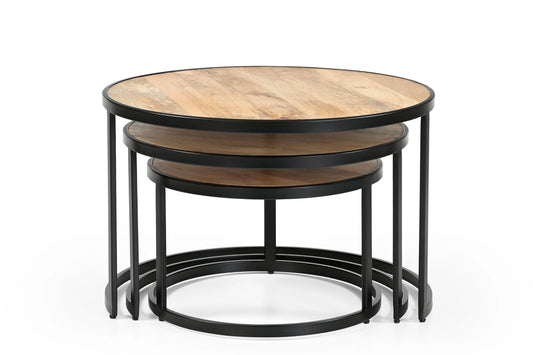 Solid Mango Wood Nesting Stool Set of 3 with Black Iron Frame FURNIZA