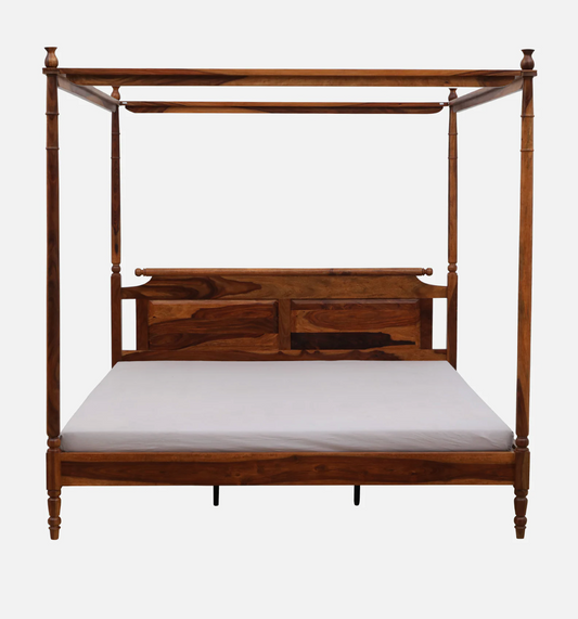 Sheesham Wood King Size Poster Bed in Honey Oak Finish