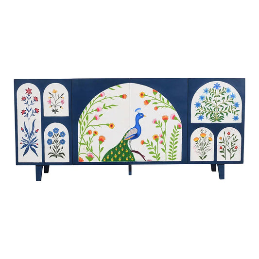 Royal Bloom 4 Door Sideboard Hand-Painted Mango Wood in Blue - Furniza