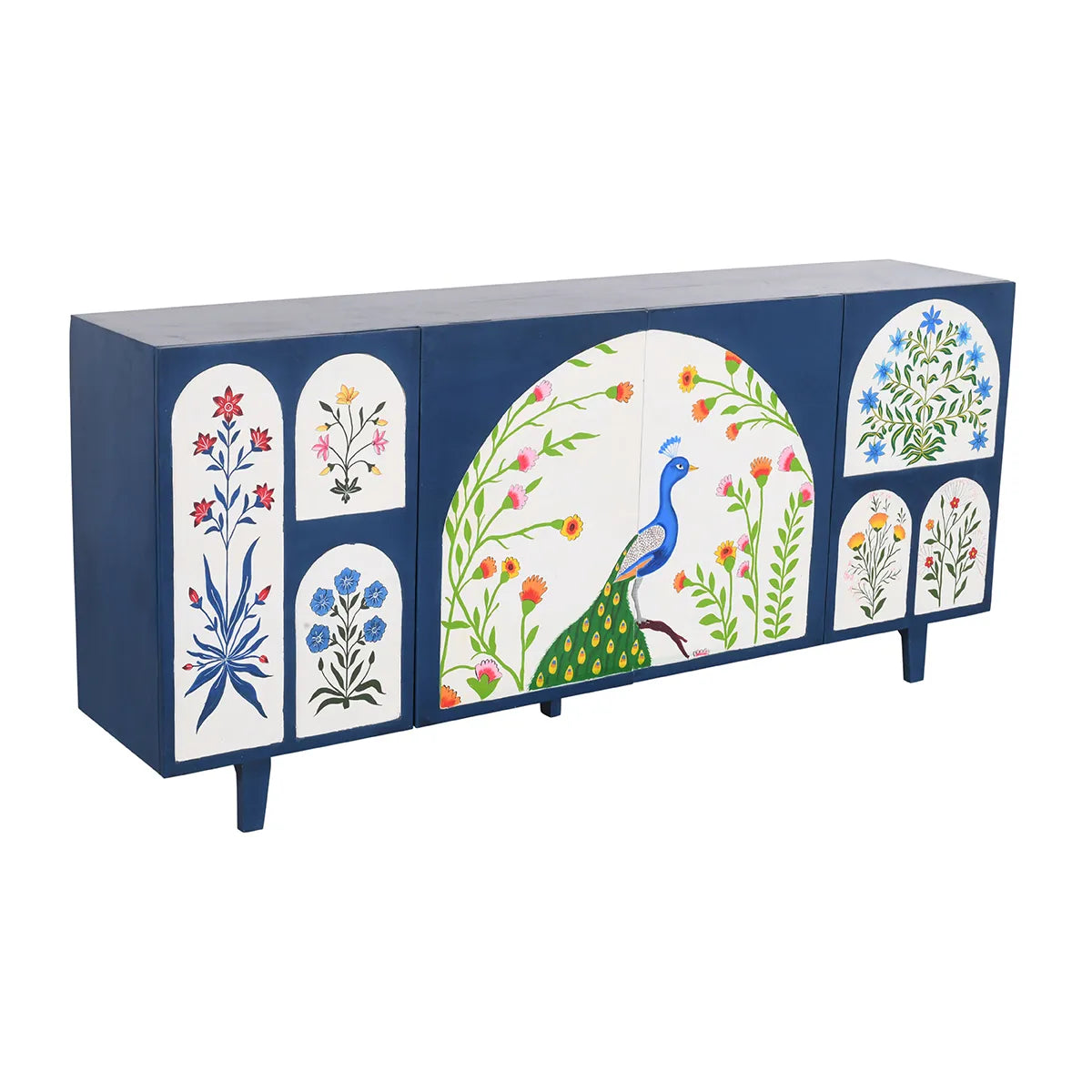 Royal Bloom 4 Door Sideboard Hand-Painted Mango Wood in Blue