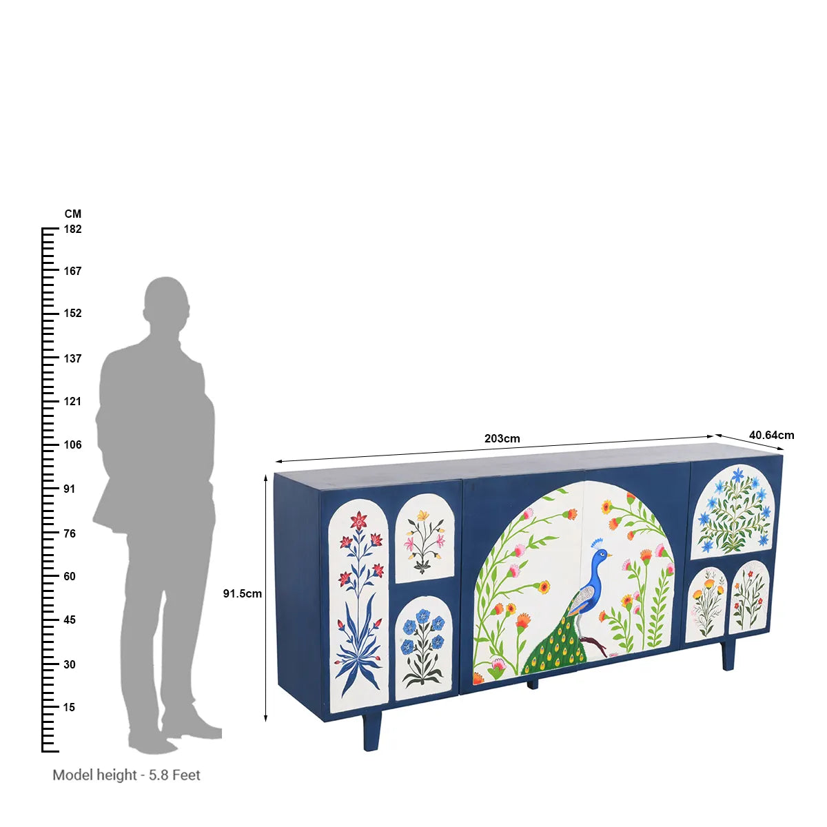 Royal Bloom 4 Door Sideboard Hand-Painted Mango Wood in Blue