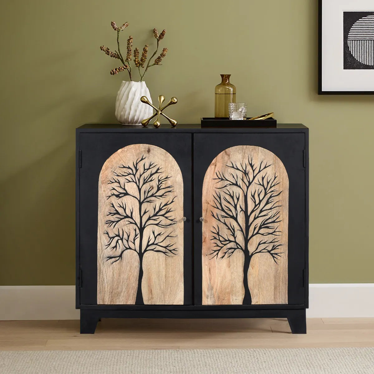Black Forest 2-Door Cabinet Hand Carved Mango Wood with Bold Black Finish