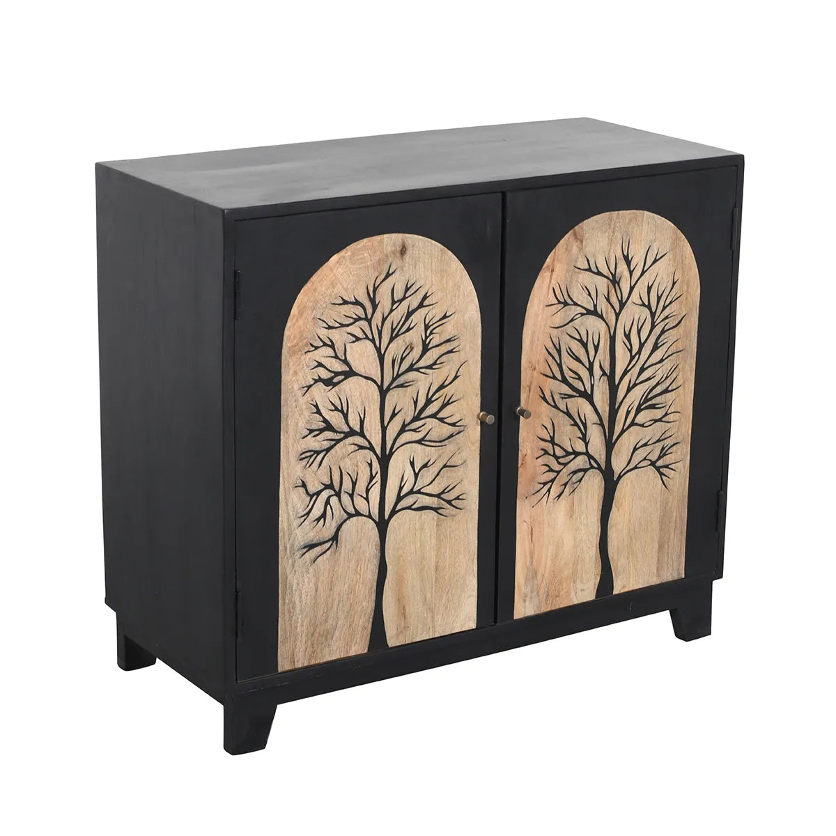 Black Forest 2-Door Cabinet Hand Carved Mango Wood with Bold Black Finish