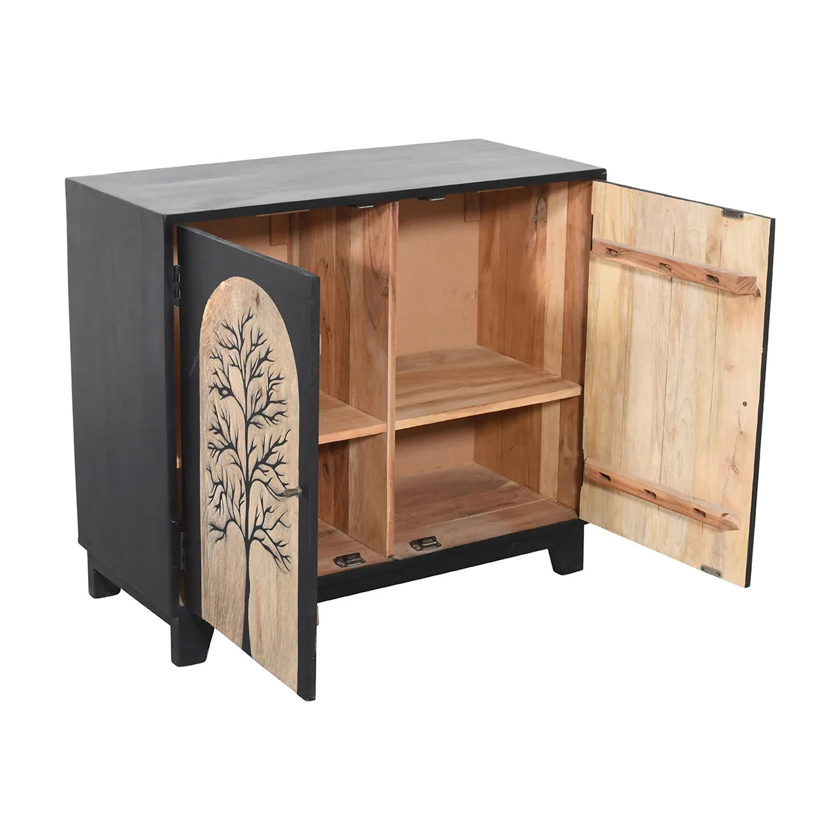Black Forest 2-Door Cabinet Hand Carved Mango Wood with Bold Black Finish