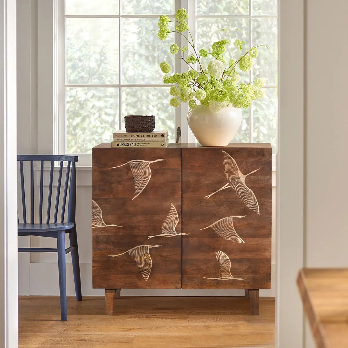 Vinda Hand Carved Mango Wood 2 Door Cabinet Walnut Finish