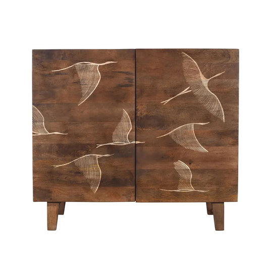 Vinda Hand Carved Mango Wood 2 Door Cabinet Walnut Finish - Furniza