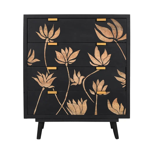 Lotus Noir 4 Drawer Chest Hand Carved Mango Wood with Bold Black Finish - Furniza