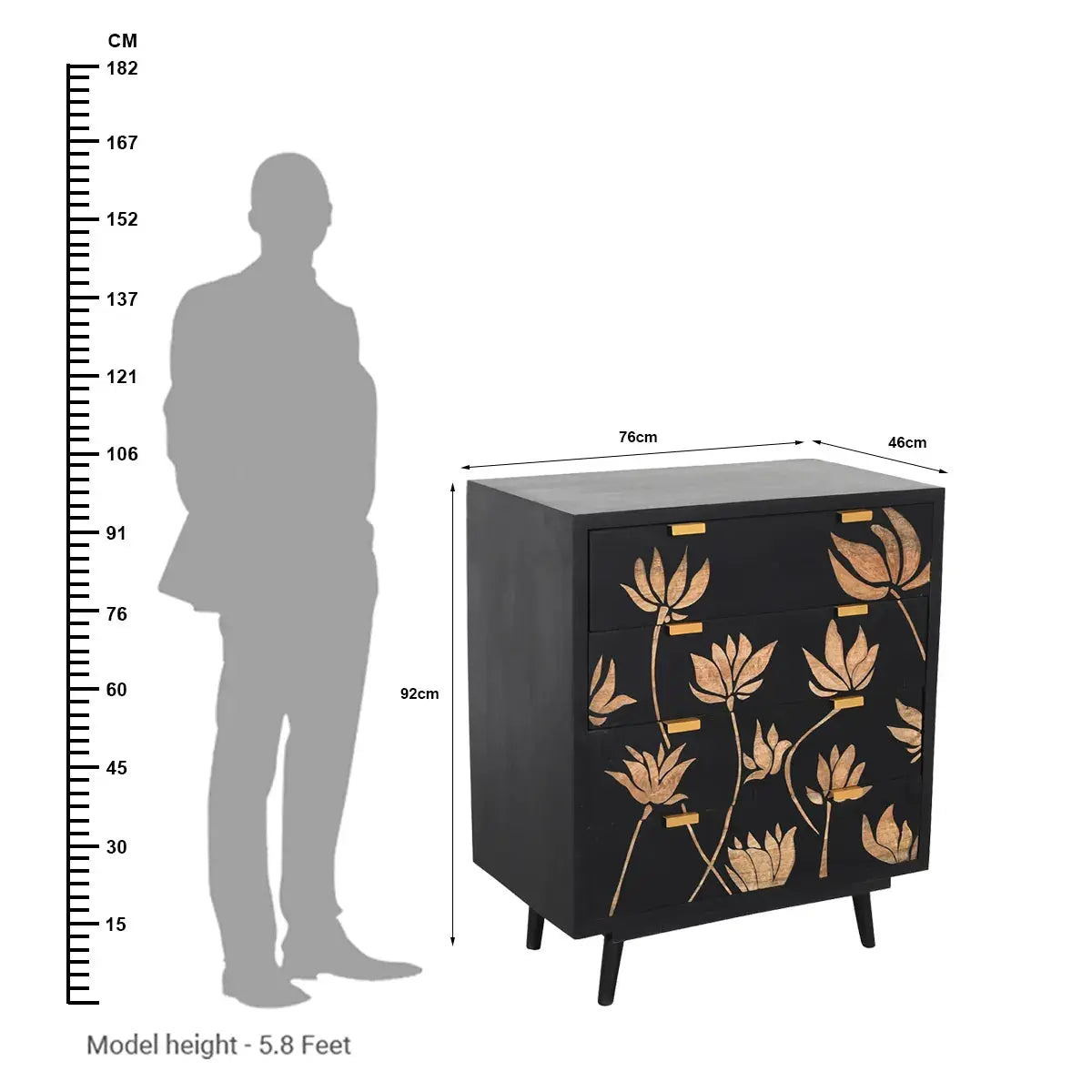 Lotus Noir 4 Drawer Chest Hand Carved Mango Wood with Bold Black Finish - Furniza